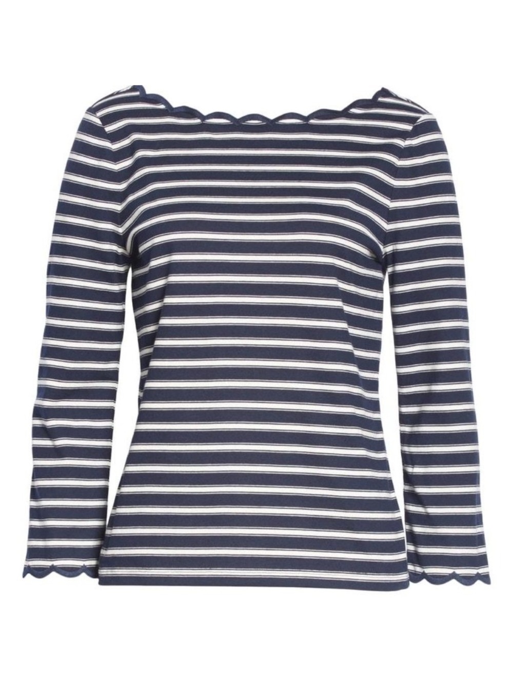 kate spade Navy and White Scalloped-Trim Striped Long Sleeve Top NWOT